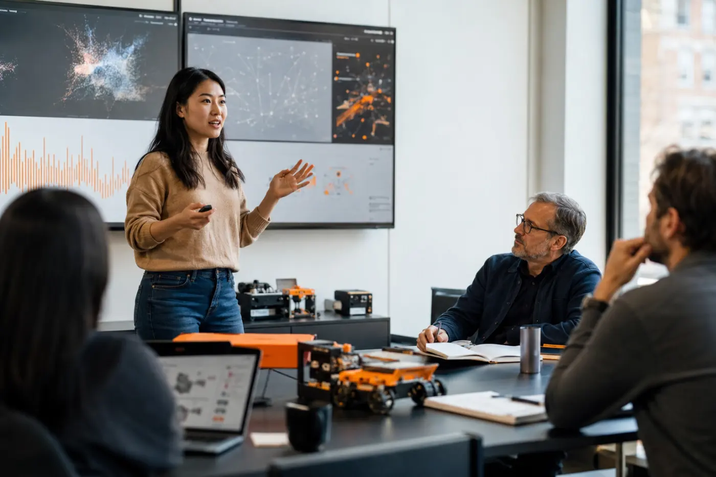 An engineer presenting an AI prototype while a senior leader listens
