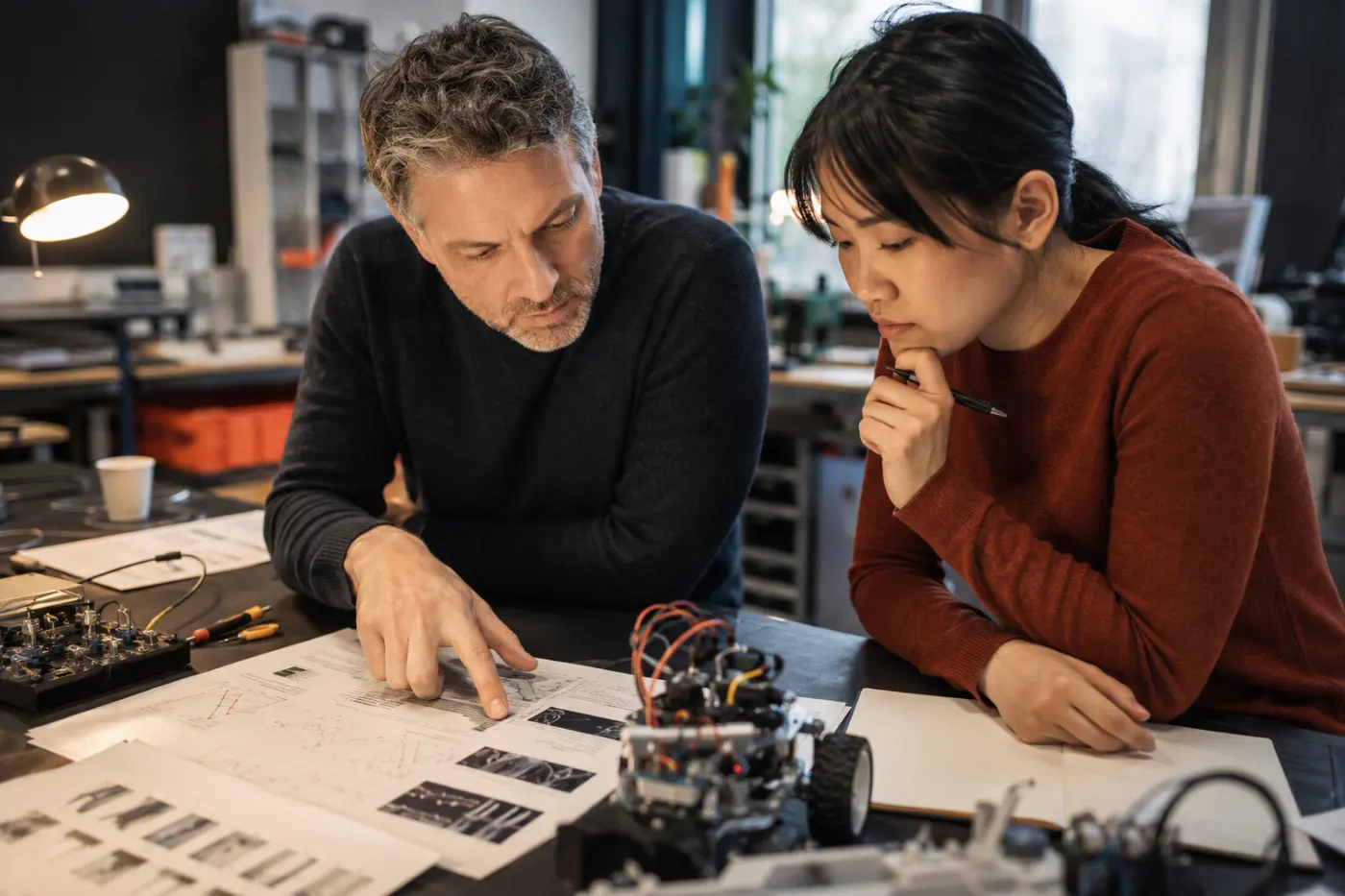A leader and engineer reviewing AI product test evidence together