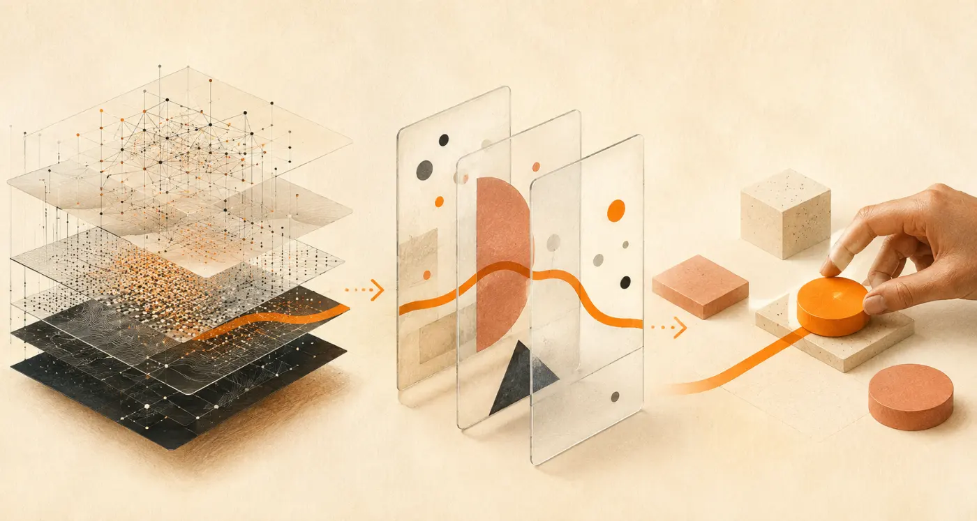 A complex AI process simplified through three layers into one clear human action