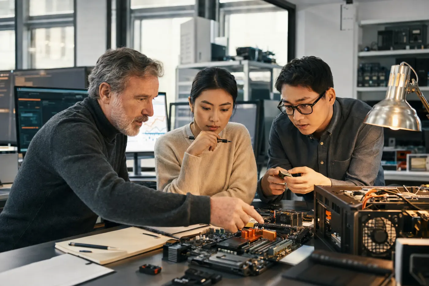 A senior leader working hands-on with AI engineers at a lab bench