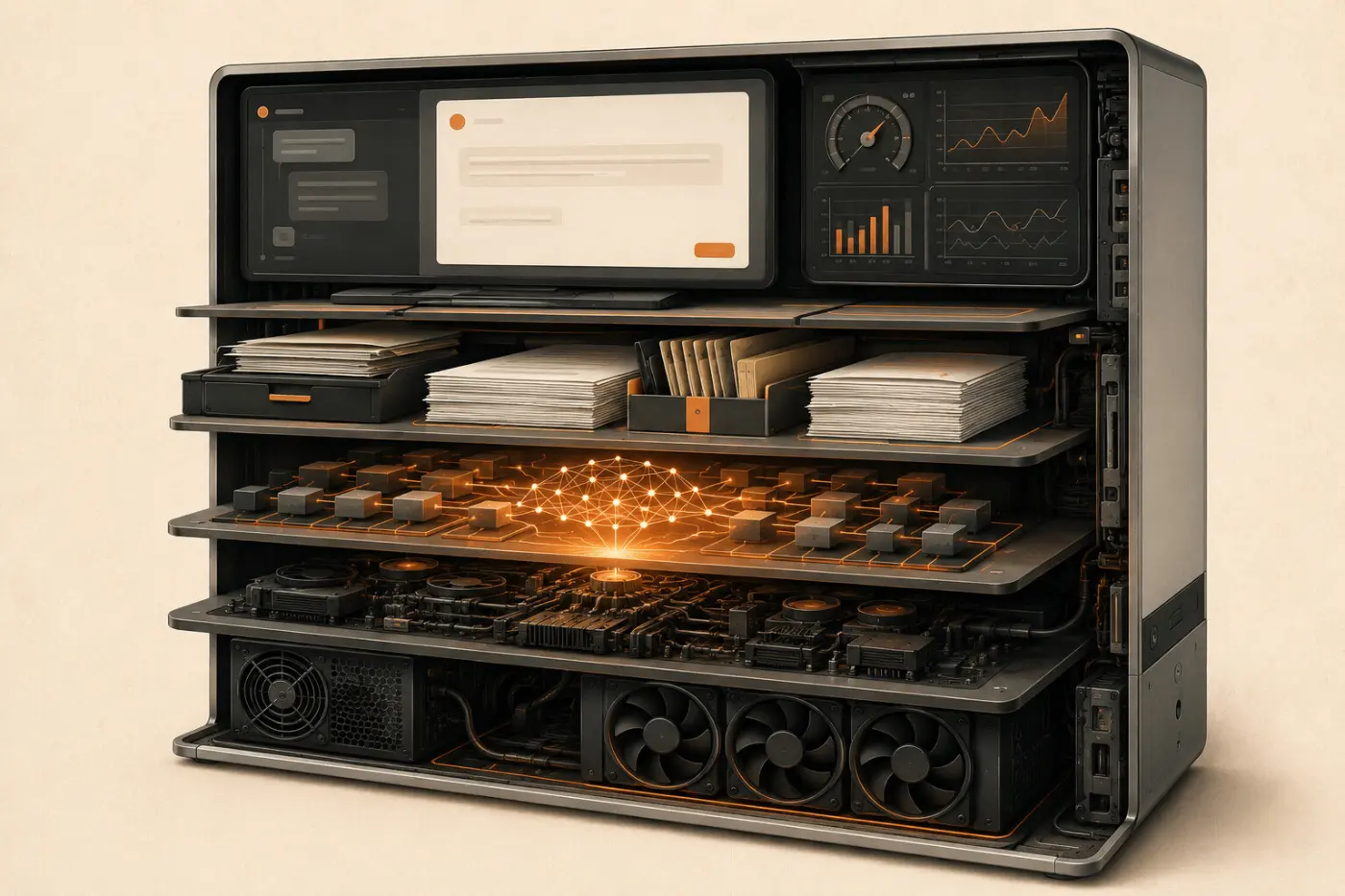 A cutaway workstation showing the layers of a complete local AI experience