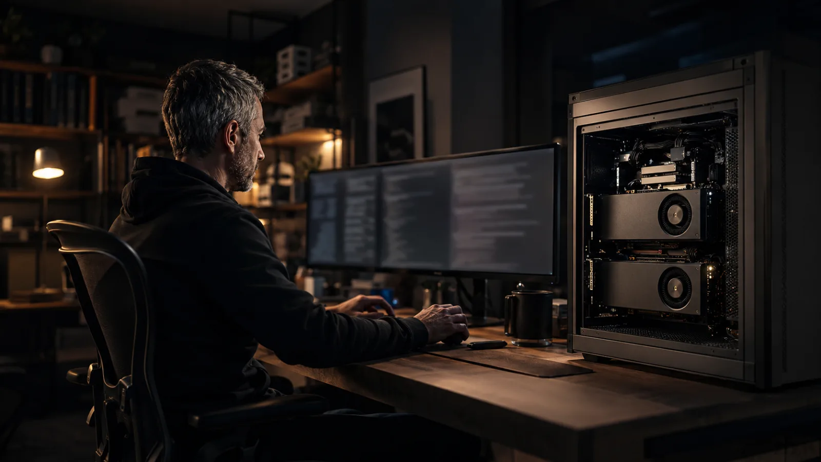 A senior engineer using a private dual-GPU local AI coding workstation